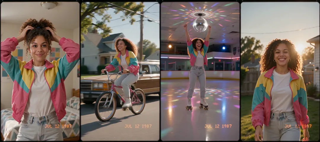 Four frames from one 80s video: a woman with big curls in a 1980s bedroom, riding a BMX bike past a station wagon, skating under a mirror ball, and waving in a sunny backyard, each with an orange JUL 12 1987 date stamp