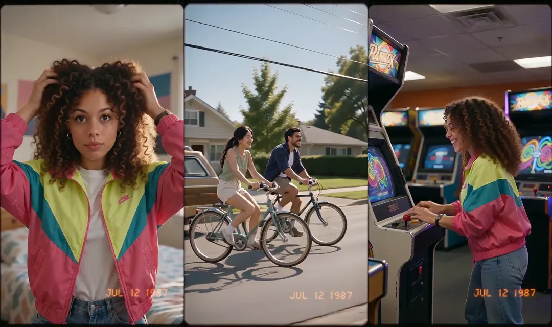 Three frames: a woman in a windbreaker with a small swoosh-like logo, a couple still wearing their modern clothes on bikes, and an arcade cabinet with a sign of made-up letters
