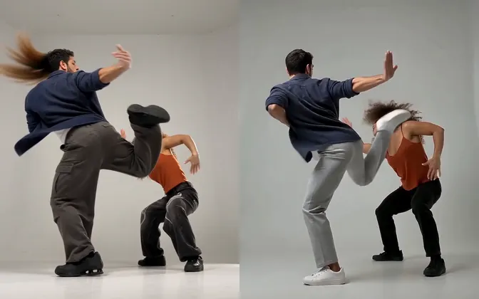 Two frames of the high kick: on the left a short-haired man suddenly has long hair flying behind him, on the right the same man kicks with his own short hair