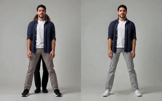 Two frames of a man standing alone in a white studio with feet wide apart: on the left long curly hair shows at his neck and dark trousers show between his legs, on the right he stands alone with nothing behind him