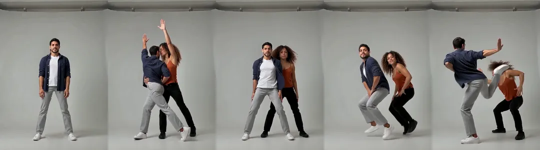 Five frames from one vertical video of a man in a navy shirt and a woman in a rust top in a white studio: standing alone with feet wide, turning his back with arms up as she touches his back, side by side mid head flick, both in a deep knee bend, and the man in a high kick