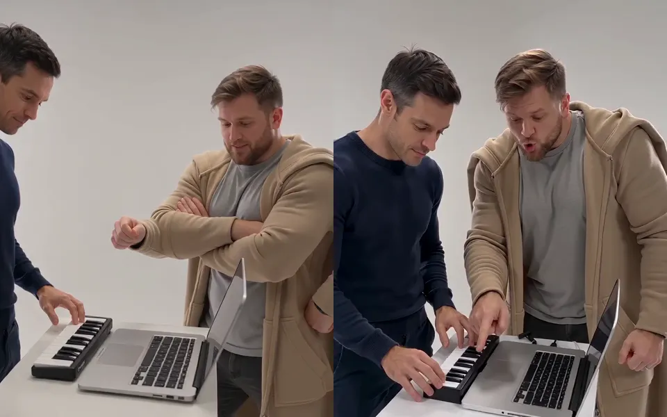 Two frames of the studio scene side by side: on the left a bearded man in a beige coat has his arms crossed while a third hand reaches over the keyboard; on the right two men lean over the keyboard with the right hands and mouths