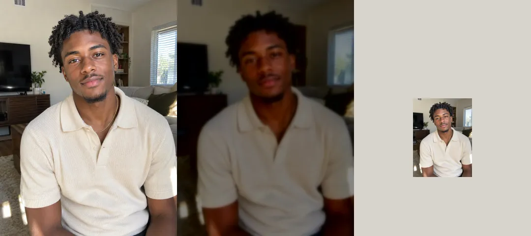 The same test photo three times: a clear, well-lit front-facing portrait of a young man in a cream polo shirt, then a dark, blurry copy, then a tiny copy far away in the frame