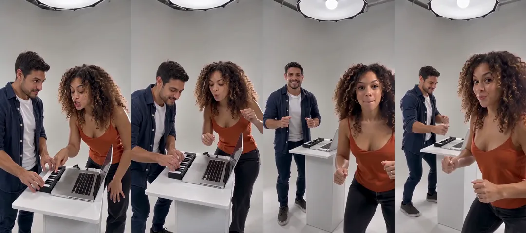 Four frames from one vertical video in a white studio: a man playing a small keyboard while a curly-haired woman hums, both hyping by the table, the man dancing alone after the cut, and the woman close to the camera