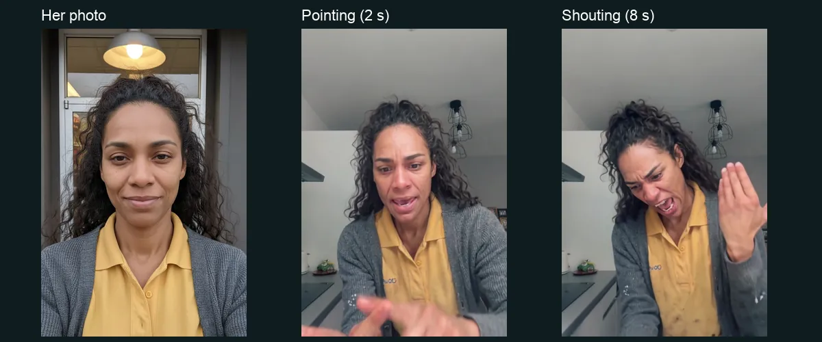 The woman's input photo next to two actual frames of her result in the kitchen