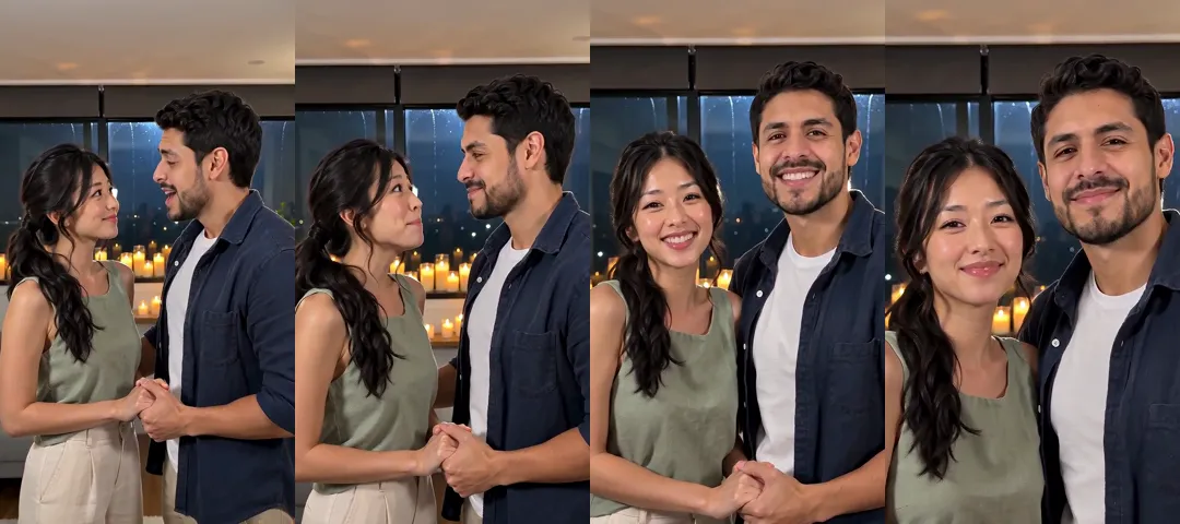 Four frames from an anniversary song video: a woman and a man stand in a candlelit room at night, sing to each other and smile at the camera