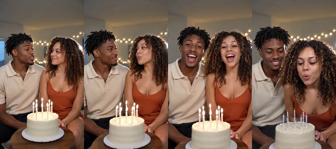 Four frames from a birthday song video: a young man and a woman with curly hair sit on a sofa behind a white birthday cake with lit candles, sing, laugh, and she blows out the candles