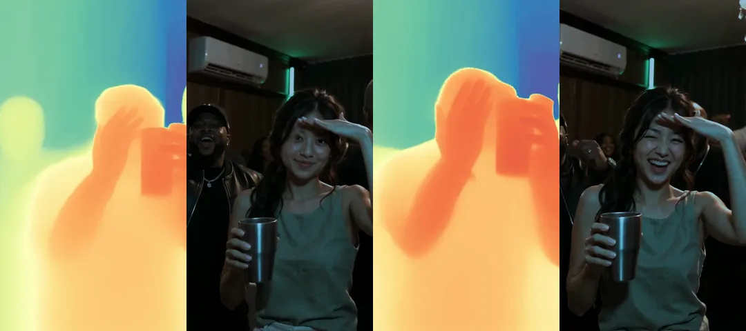 Two pairs of frames: a coloured depth-map silhouette with a hand over its eyes and a cup in the other hand, next to a woman in a dim chandelier room doing the same with a silver cup