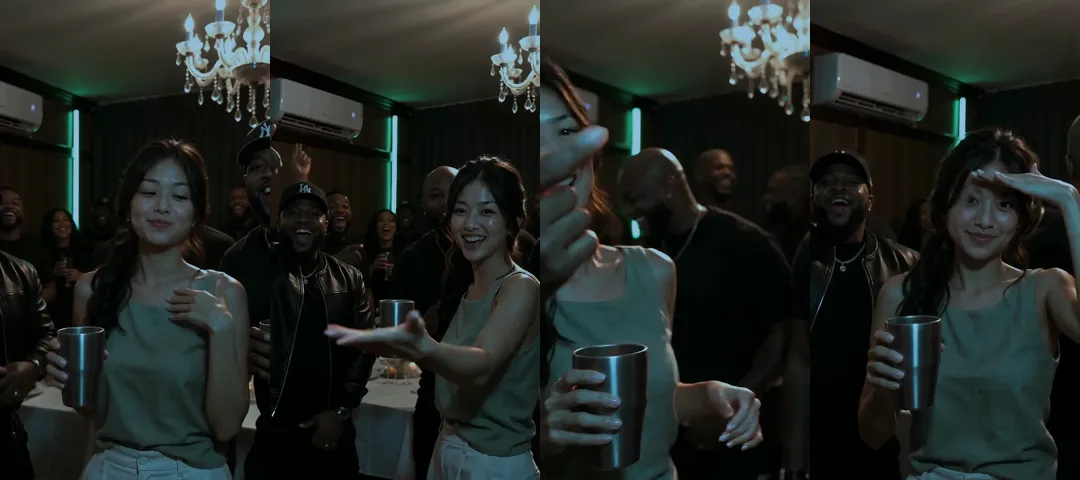 Four frames from one vertical Burning Bridges AI video in a dim room with crystal chandeliers: a woman in a green top holding a silver cup and touching her chest, reaching out to the cheering crowd, pushing her hand at the camera, and holding a hand over her eyes