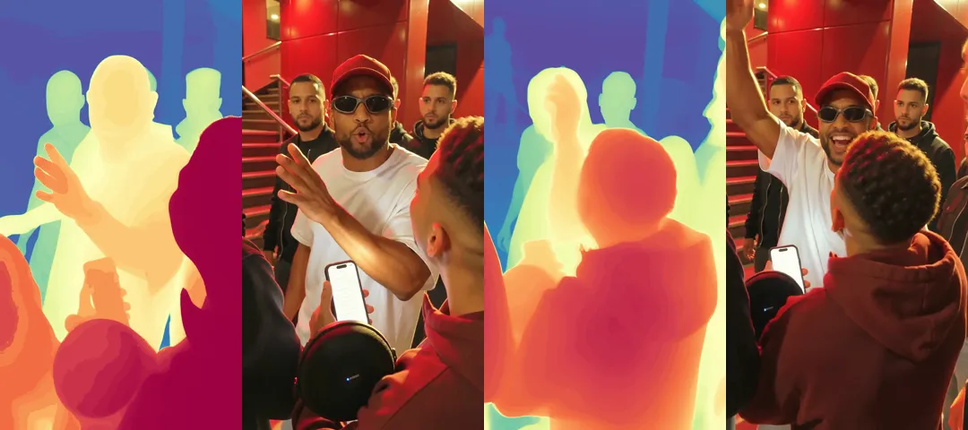Two pairs of frames: a coloured depth-map silhouette of a crowd with one figure raising an arm, next to a man in a red cap and sunglasses doing the same outside a red-lit restaurant