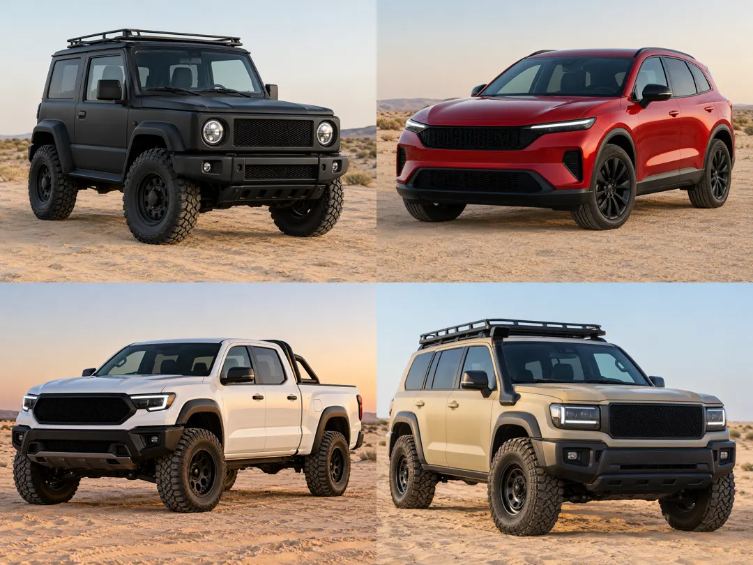 Four generic off-road vehicles on desert sand with plain mesh grilles and no badges: a black boxy two-door 4x4, a red SUV, a white pickup with a roll bar, and a sand-beige expedition SUV