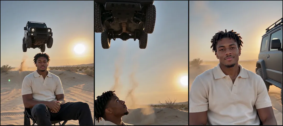 Three frames from one car jump video: a man on a camping chair with a black 4x4 in the air behind him, the car's underside passing overhead as he looks up, and him smiling at the camera with the car parked beside him