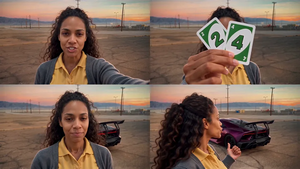 Four frames from a horizontal video at sunset in an empty desert parking lot: a woman with long curly hair talking to the camera, the same woman holding green cards reading 2 and 4 to the lens, the woman after the reveal with a purple sports car behind her, and the woman looking back at the car and pointing at it
