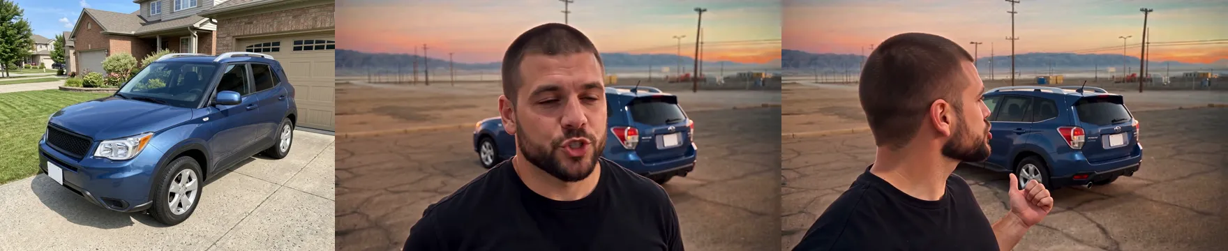 A phone photo of a blue family SUV in a driveway, then two frames from a desert parking lot video at sunset: a bearded man in a black T-shirt with the same blue SUV parked behind him, and the man looking back at the SUV