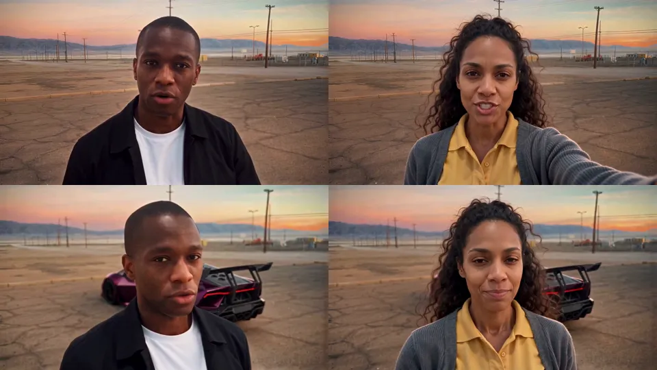 Four frames in a two by two grid: a man with a buzz cut in a black jacket talking to the camera in a desert lot, a woman with long curly hair in the same pose, the man after the reveal with a purple sports car behind him, and the woman in the same moment with the car behind her