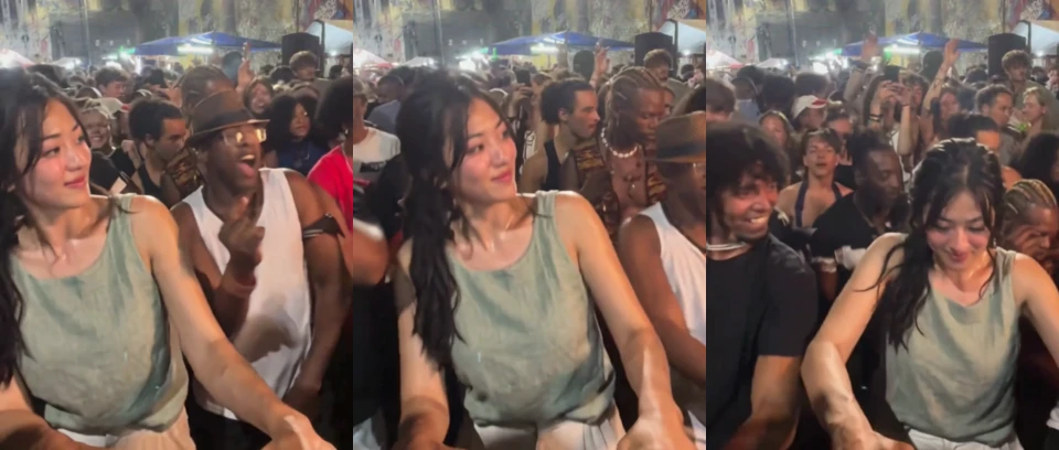 Three actual ending frames showing the woman with long dark hair and a sage sleeveless top turning in the square