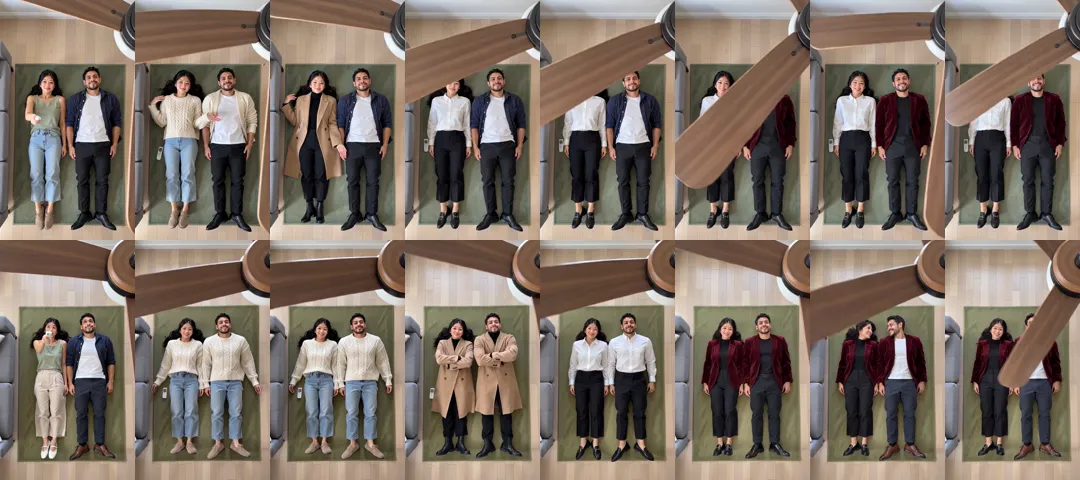 Two rows of frames of a couple lying under a ceiling fan: on top they wear different outfits, below they wear matching coats, shirts and red velvet blazers