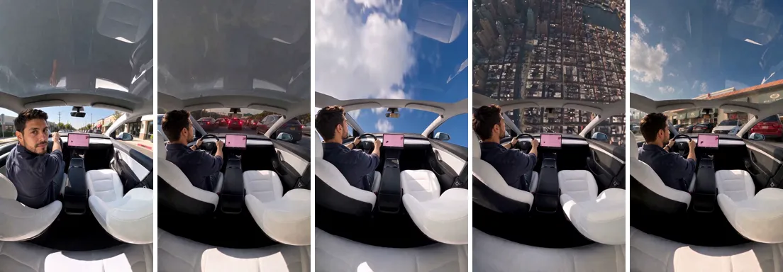 Five frames from a vertical video filmed from the back seat of a white-interior car: a bearded man glancing back at the camera, the man driving in traffic, the sky above clouds through the glass roof, a city far below, and the car parked in a car park