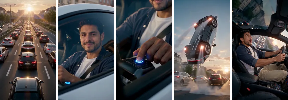 Five frames from a vertical action video at sunset: a long traffic jam from above, a bearded man smirking through a car window, a finger pressing a glowing blue button, a white sports car flipping over traffic on thrusters, and the man shocked inside the cabin