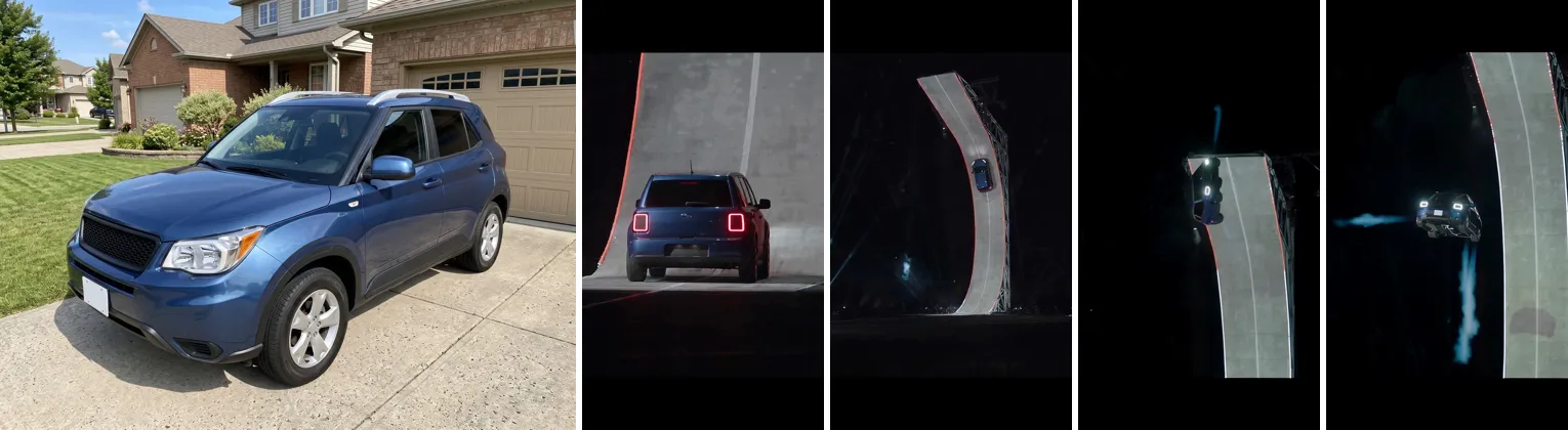 A phone photo of a blue family SUV in a driveway, then four night frames of the same SUV: parked at the foot of a curved concrete ramp, climbing the ramp, flipping in the air and hovering on thruster jets