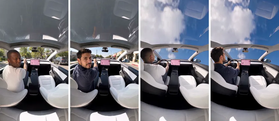Four vertical back-seat frames: a man with a buzz cut in a white T-shirt glancing back, a bearded man in a denim shirt glancing back in the same pose, the buzz-cut man driving above the clouds, and the bearded man driving above the clouds