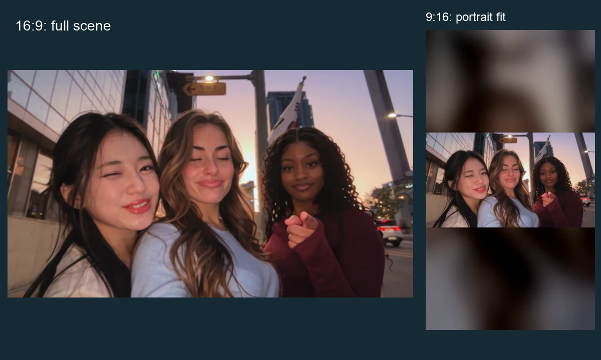 The same Trio reunion shown as a complete horizontal frame and within a blurred portrait background
