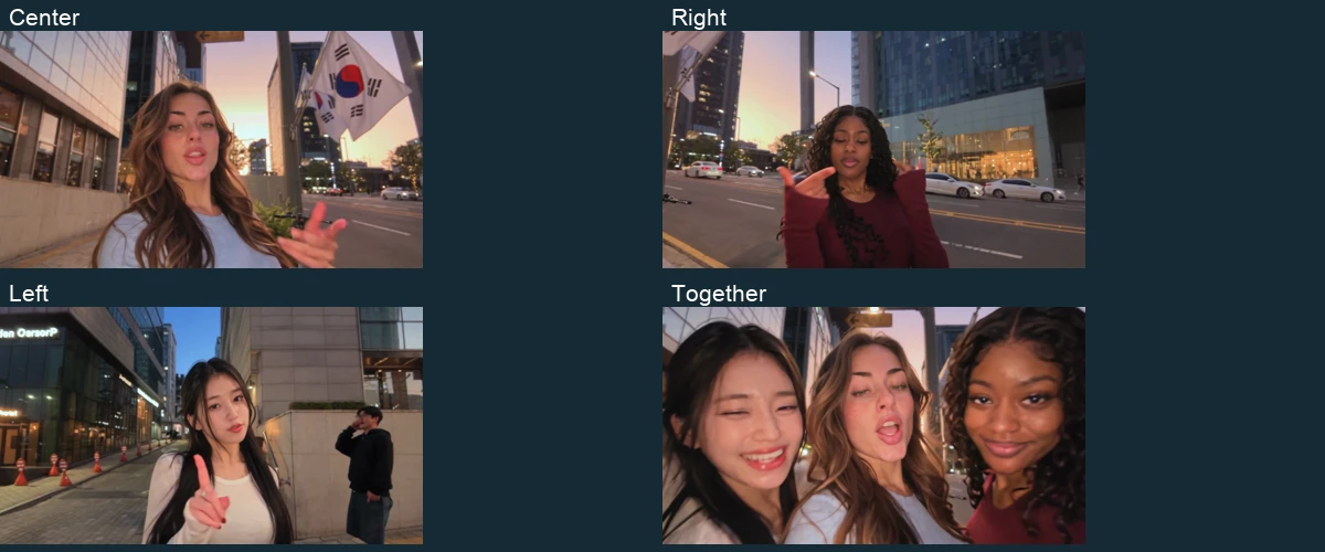 Four actual Trio frames showing the center solo, right solo, left solo and group reunion