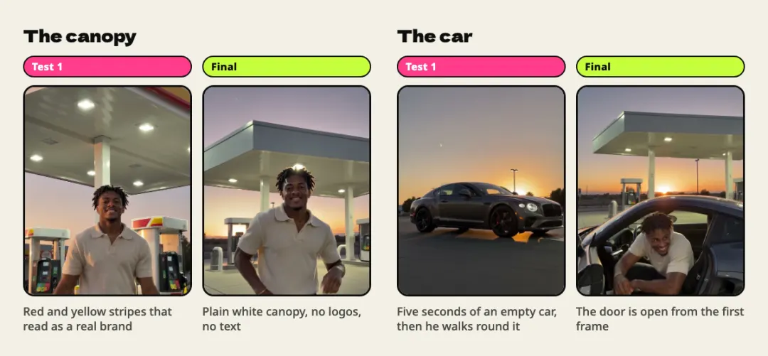Before and after frames: a canopy with red and yellow stripes next to a plain white one, and an empty parked car next to a man already climbing out of an open door