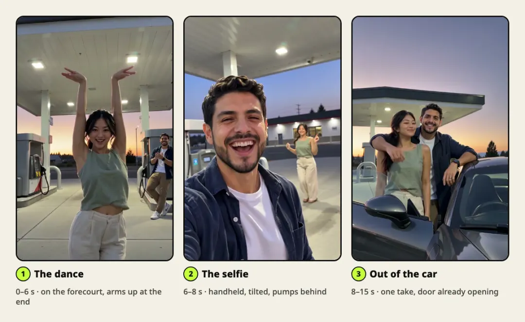 Three frames from one gas station dance video: a woman dancing with her arms up under a white canopy, a man's laughing selfie with her dancing behind him, and the two of them leaning on a car
