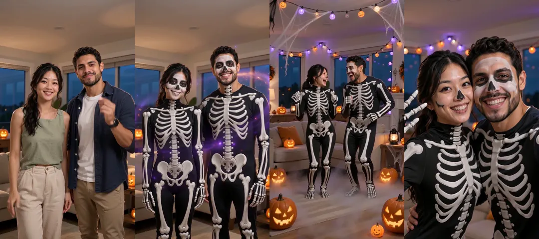 Four frames from one video: a couple in everyday clothes in a living room, the same couple mid-swirl turning into skeletons, both dancing in a room full of jack-o'-lanterns, and a close-up of the two cheek to cheek