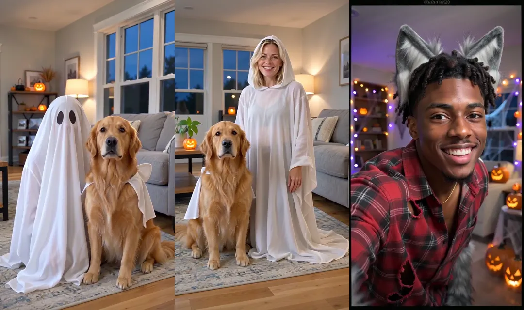 Three frames: a classic sheet ghost covering a woman's whole face next to her dog, the same woman in a white hooded cape with her face showing, and a final frame of a werewolf costume with a dark border like a printed photo