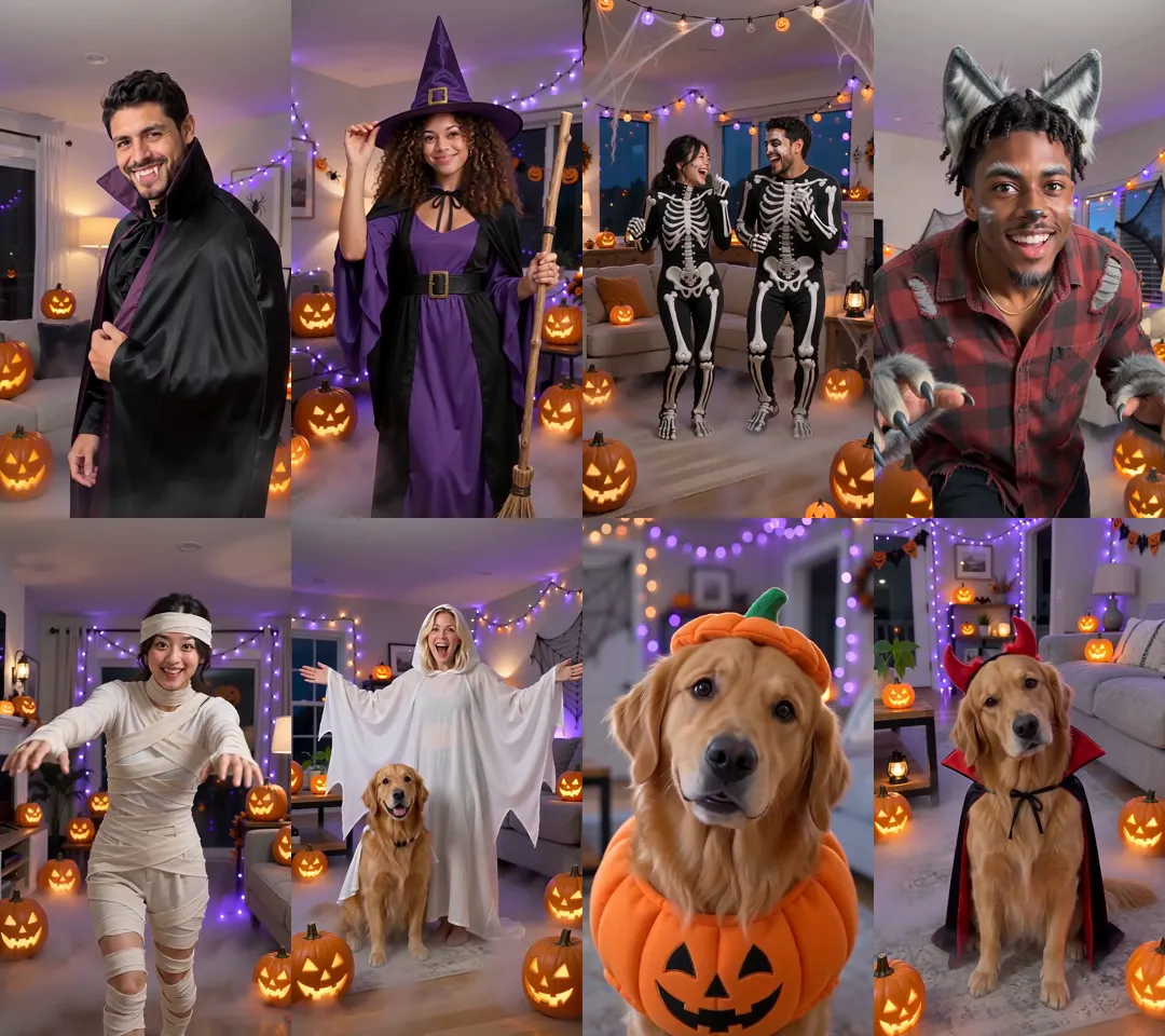 Eight frames from our test videos: a man in a vampire cape, a woman dressed as a witch with a broom, a couple in skeleton suits, a man with wolf ears and torn flannel, a woman in a mummy costume, a woman in a white hooded ghost cape with her dog, a golden retriever in a pumpkin suit and the same dog with red devil horns
