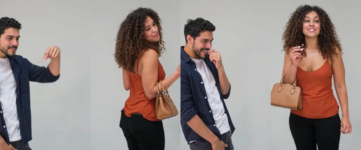 Four frames of an AI remake of the clip: the raised arm, the spin, the fist-biting laugh and the woman's line