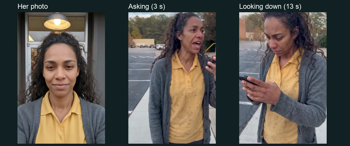 The fast-food worker's input photo next to two actual frames of her result in the parking lot