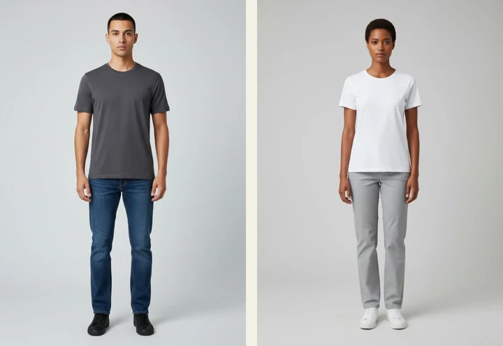 The two full-body input photos, a man in a charcoal T-shirt and jeans and a woman in a white T-shirt and light trousers, both including their shoes