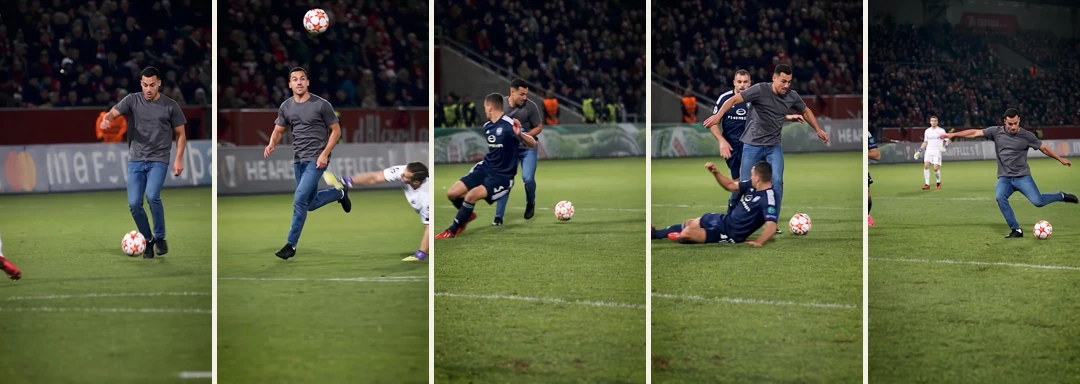 Five unaltered frames from our male football example, showing the opening, the chip, control between defenders and the shot