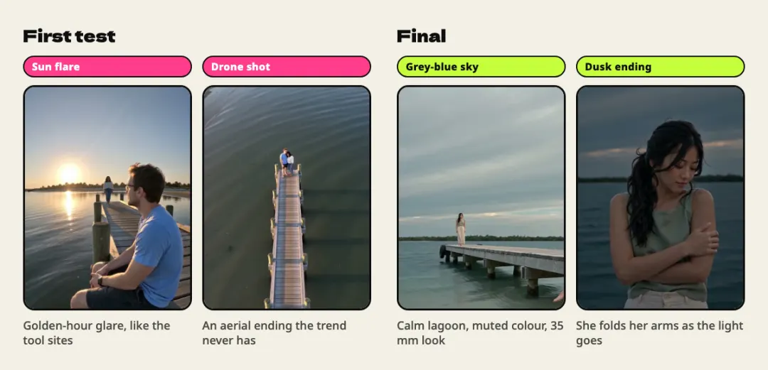 Two frames from the first test, with a sun flare and an aerial drone shot, next to two final frames: a calm grey-blue lagoon and a woman folding her arms at dusk