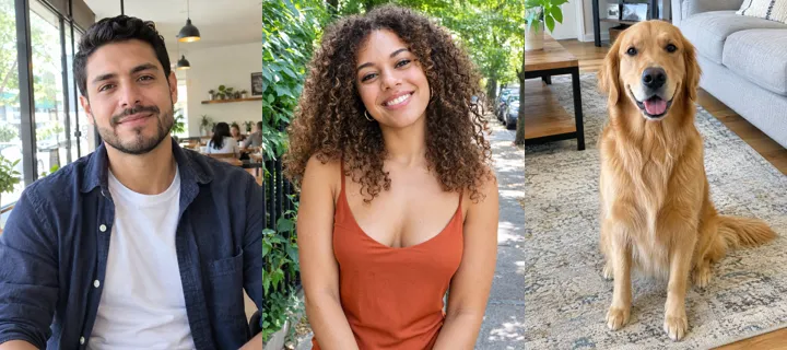 Three test photos side by side: a bearded man in a navy overshirt, a woman with curly hair in a rust top, and a golden retriever sitting on a rug