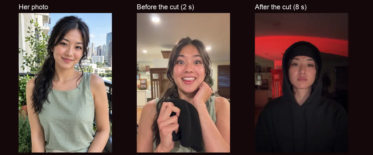The woman's input photo next to one actual frame before the cut and one after it