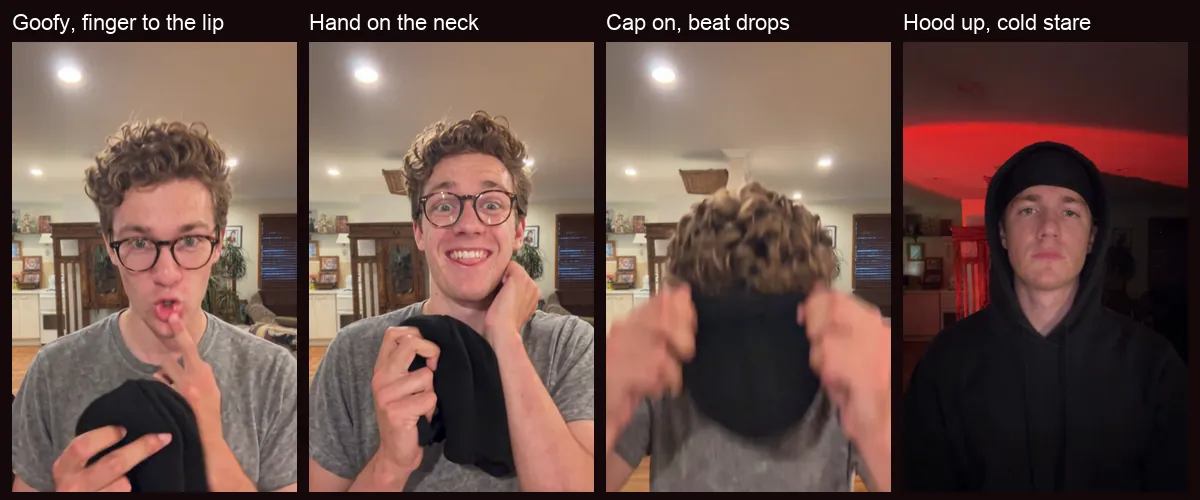 Four frames from the actual curly-hair example: a finger to the lip, a hand on the neck, pulling the cap on, and the cold stare in the hood
