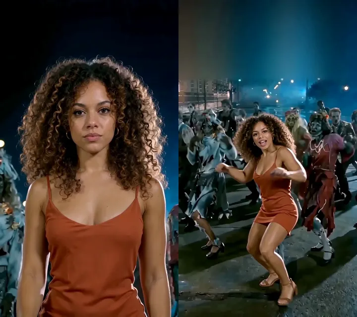 Two vertical frames of a woman with long curly hair: on the left a close-up of her face against a dark blue night sky, on the right a wide shot of her dancing in front of a crowd of zombies on a wet street
