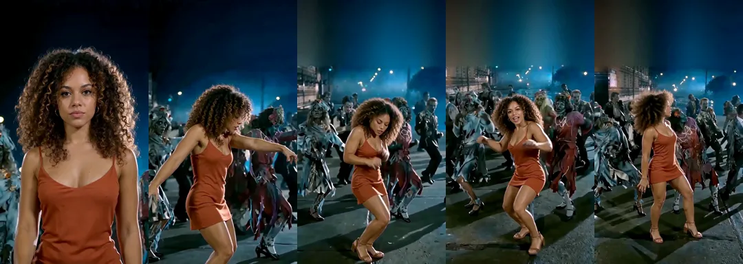 Five frames from one vertical video of a woman with long curly hair in a rust dress on a foggy night street: a close-up stare, a lean with arms out in front of zombies, a head shake, a wide shot dancing in front of the zombie crowd, and the final pose