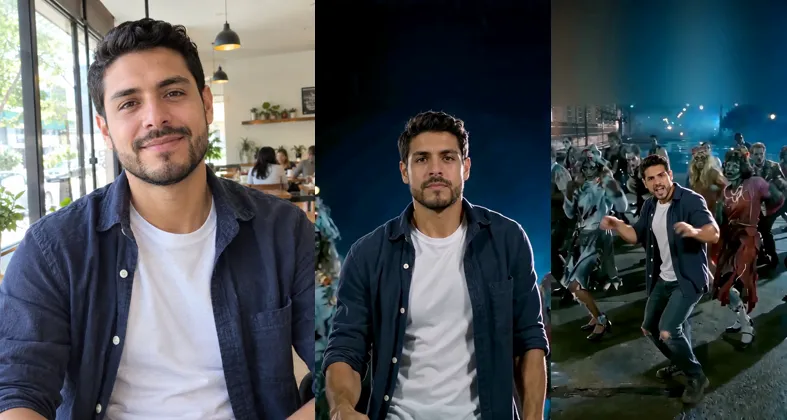 Three vertical panels: a photo of a bearded man in an open navy shirt over a white T-shirt in a cafe, the same man in a close-up on a night street, and the same man dancing in front of a zombie crowd