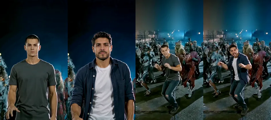 Four vertical frames: a short-haired man in a grey T-shirt in a close-up on a night street, a bearded man in a navy shirt in the same close-up, the grey T-shirt man dancing in front of zombies, and the bearded man in the same pose in front of the same zombies