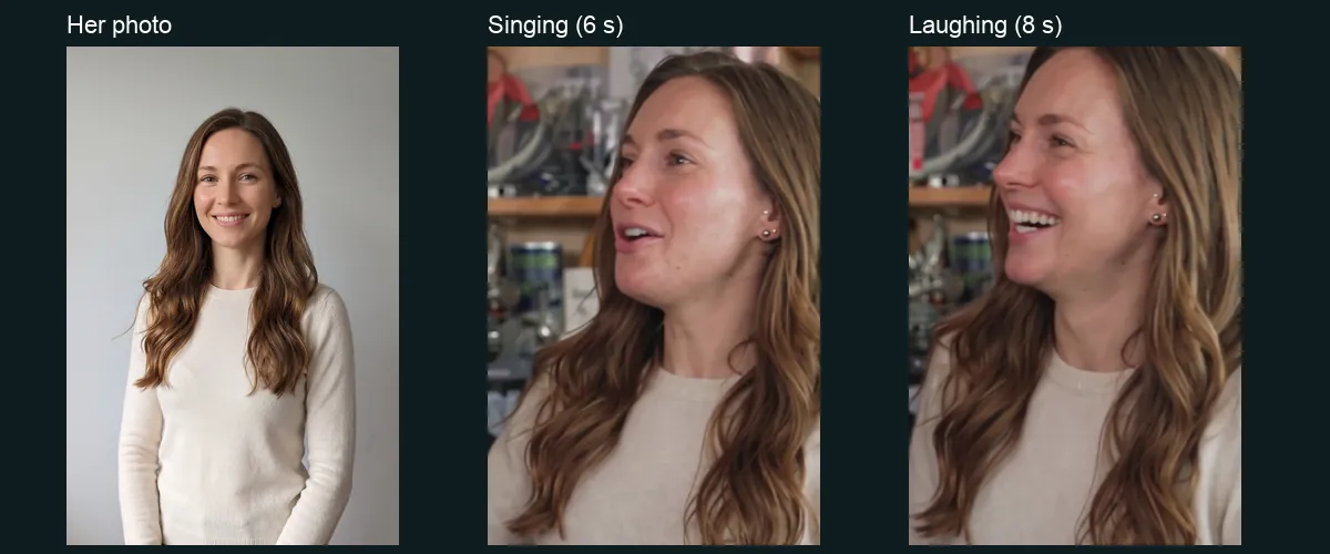 The Solo input photo next to two actual frames of her result at the desk concert