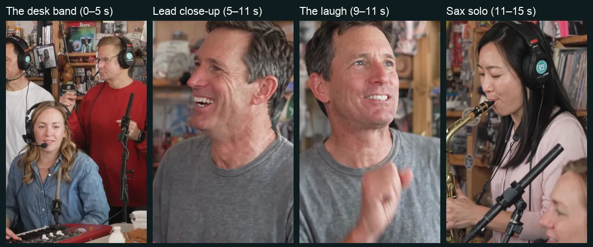 Four frames from the actual Trio example: the desk band, the lead singer's close-up, the laugh and the sax solo