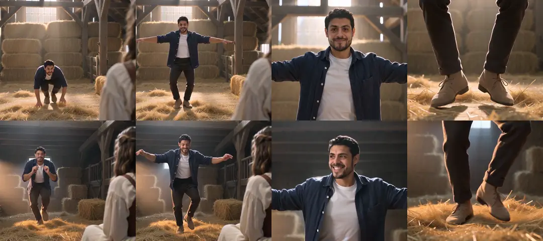 Two rows of frames of a man in a barn: on top a bright barn with neat hay bales and the man crawling on all fours and dancing flat-footed; below a dim stable with low warm light, the man sneaking upright with his hands up and dancing with his heels lifted