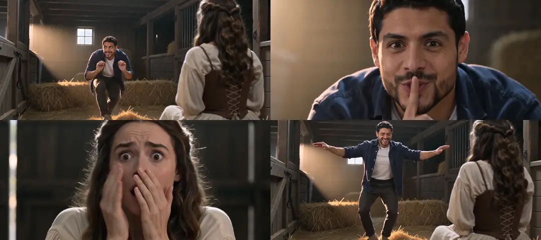 Four frames from one Rumpelstiltskin AI video in a dim hay barn: a bearded man sneaking toward a seated woman, the same man shushing the camera with a grin, the woman with both hands over her mouth, and the man dancing with his arms out wide