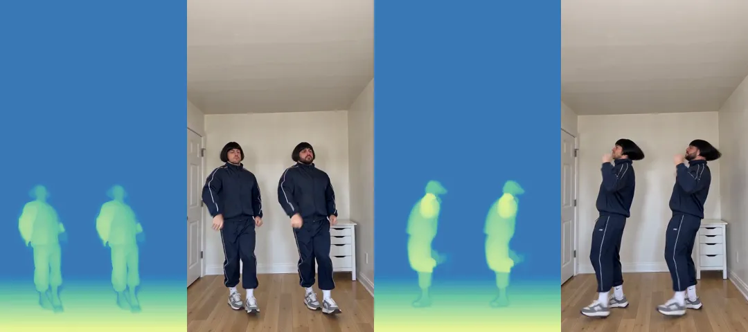 Two pairs of frames: two pale depth-map silhouettes on a flat blue background, next to two men in bob wigs and navy tracksuits doing the same move in a white room