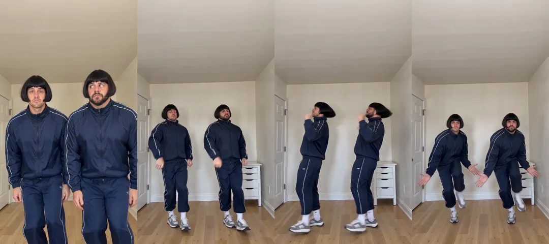 Four frames from one vertical Toc Toc AI dance video in a bare white room: two men in black bob wigs and navy tracksuits close to the camera, hopping with a hand by the face, knocking with a raised fist, and finishing with arms out